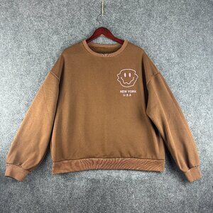 Sweatshirt Womens XLNew York USA Smiley Face Brown Cotton Blend Rib Hem Cuffs